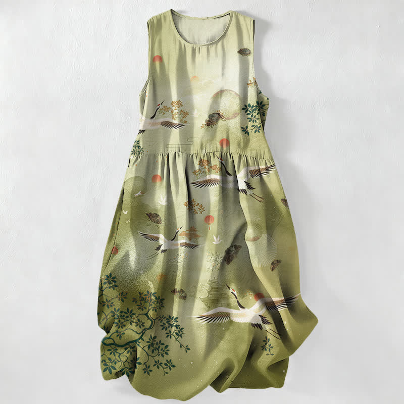 Buddha Stones Summer Casual Crane Botanical Sun Pattern Women's Summer Sleeveless Midi Dress With Pockets - OliveDrab - US16,UK/AU20,EU48 (3XL) - image 5