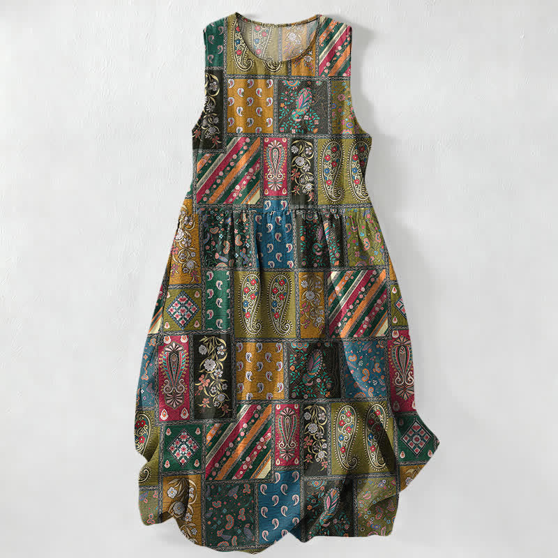 Buddha Stones Summer Casual Olive Patchwork Paisley Floral Pattern Women's Summer Sleeveless Midi Dress With Pockets - OliveDrab - US16,UK/AU20,EU48 (3XL) - image 0