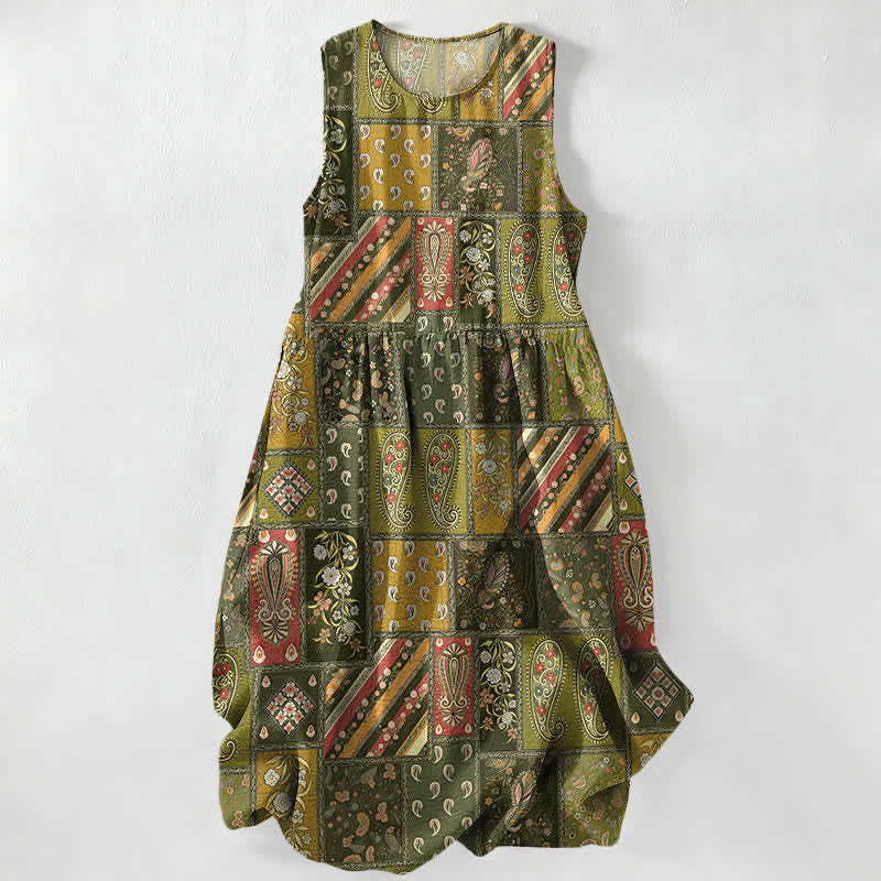 Buddha Stones Summer Casual Olive Patchwork Paisley Floral Pattern Women's Summer Sleeveless Midi Dress With Pockets - DarkKhaki - US16,UK/AU20,EU48 (3XL) - image 4