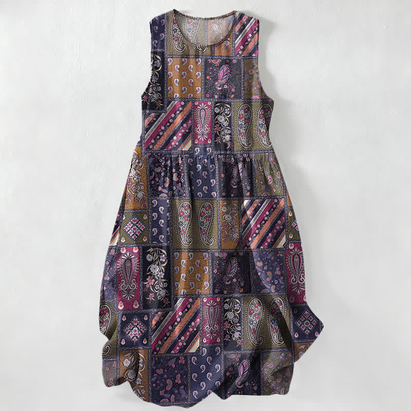 Buddha Stones Summer Casual Olive Patchwork Paisley Floral Pattern Women's Summer Sleeveless Midi Dress With Pockets - Indigo - US16,UK/AU20,EU48 (3XL) - image 5