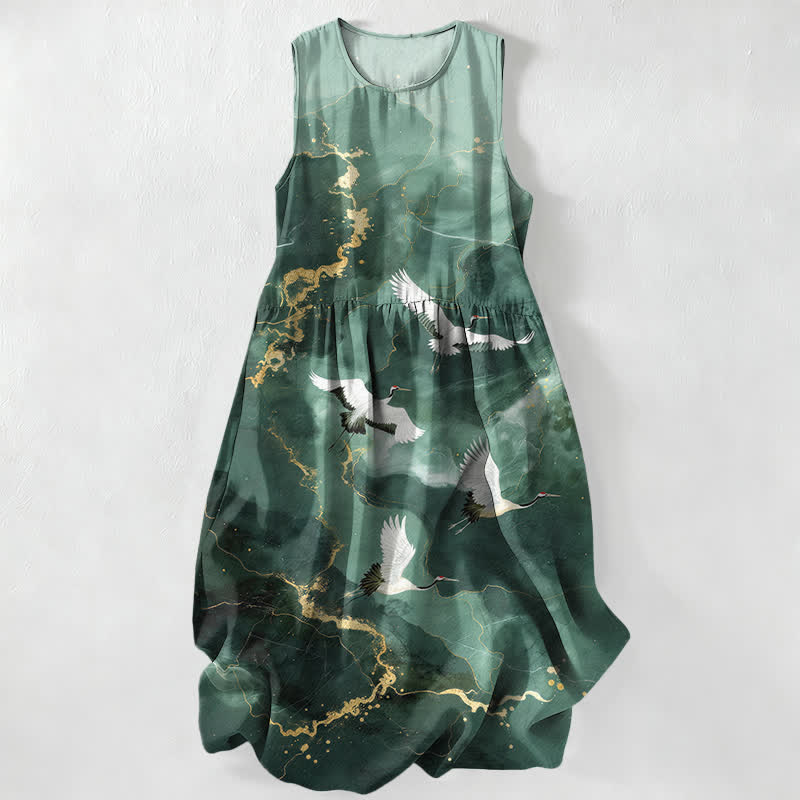Buddha Stones Summer Casual White Crane Gold Marble Pattern Women's Summer Sleeveless Midi Dress With Pockets - ForestGreen - US16,UK/AU20,EU48 (3XL) - image 0