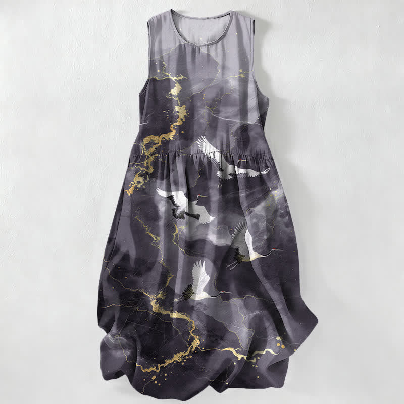 Buddha Stones Summer Casual White Crane Gold Marble Pattern Women's Summer Sleeveless Midi Dress With Pockets - DimGray - US16,UK/AU20,EU48 (3XL) - image 4