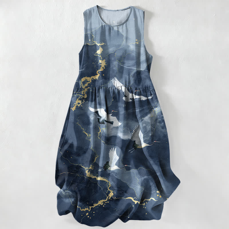 Buddha Stones Summer Casual White Crane Gold Marble Pattern Women's Summer Sleeveless Midi Dress With Pockets - Teal - US16,UK/AU20,EU48 (3XL) - image 5