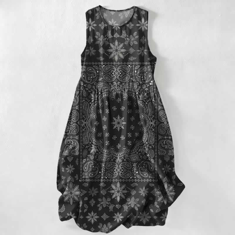 Buddha Stones Summer Casual Bandana Paisley Floral Pattern Women's Summer Sleeveless Midi Dress With Pockets - Black - US16,UK/AU20,EU48 (3XL) - image 0