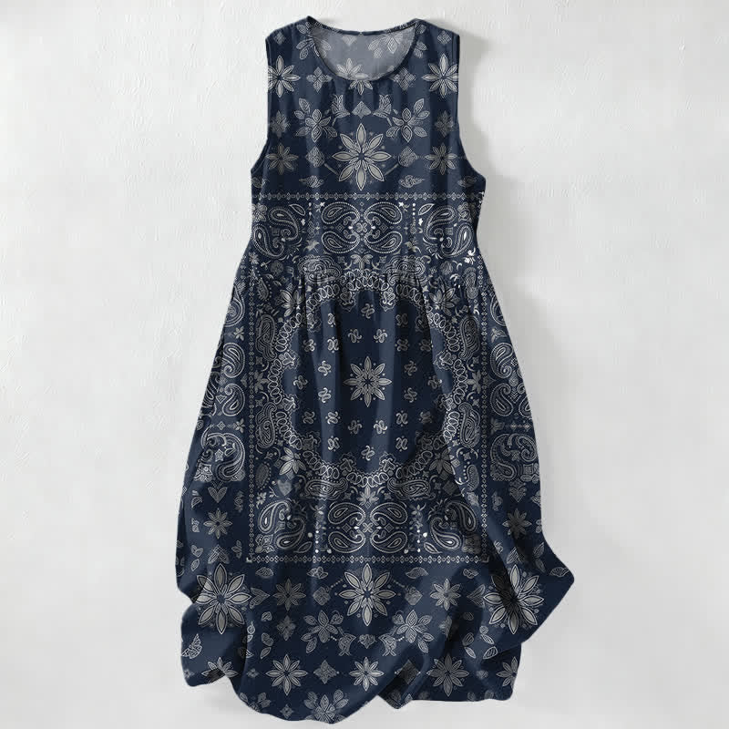 Buddha Stones Summer Casual Bandana Paisley Floral Pattern Women's Summer Sleeveless Midi Dress With Pockets - Navy - US16,UK/AU20,EU48 (3XL) - image 4