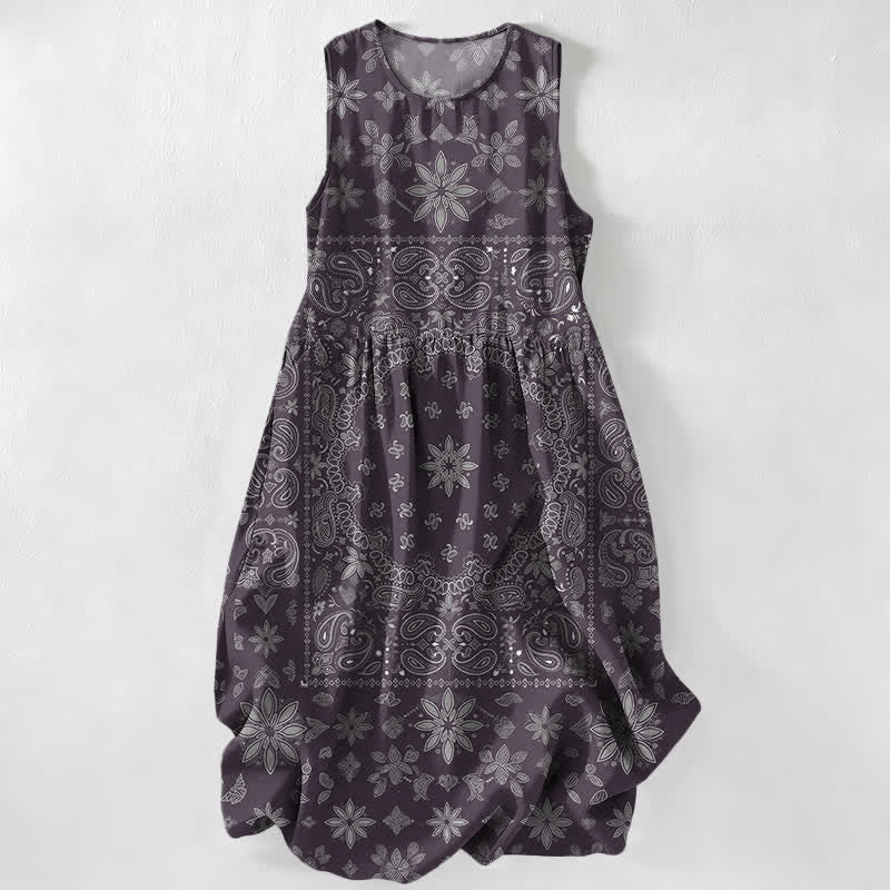 Buddha Stones Summer Casual Bandana Paisley Floral Pattern Women's Summer Sleeveless Midi Dress With Pockets - Indigo - US16,UK/AU20,EU48 (3XL) - image 5