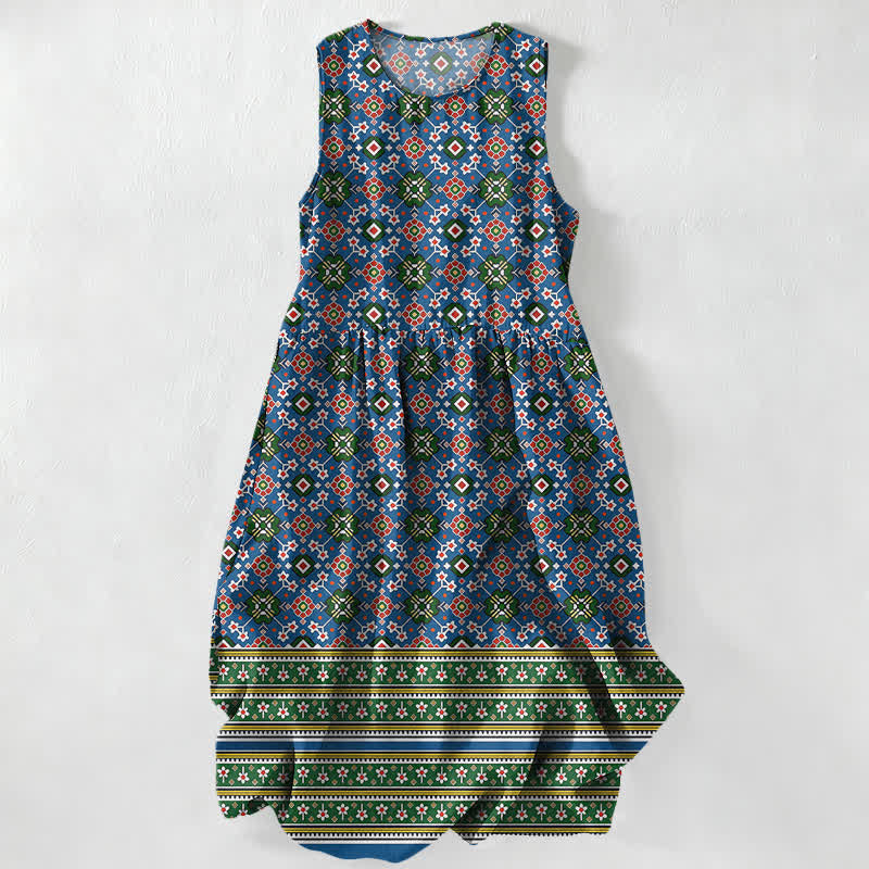 Buddha Stones Summer Casual Blue Bohemian Geometric Border Pattern Women's Summer Sleeveless Midi Dress With Pockets - DarkBlue - US16,UK/AU20,EU48 (3XL) - image 0
