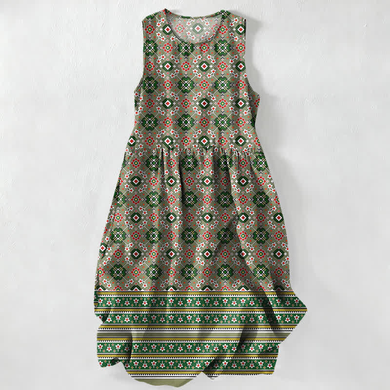 Buddha Stones Summer Casual Blue Bohemian Geometric Border Pattern Women's Summer Sleeveless Midi Dress With Pockets - DarkSeaGreen - US16,UK/AU20,EU48 (3XL) - image 4