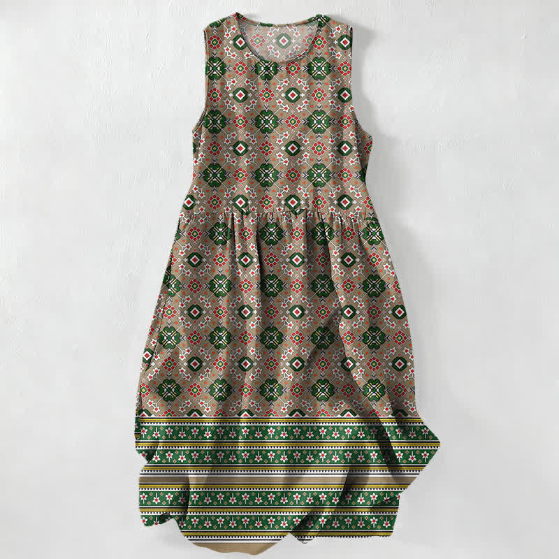 Buddha Stones Summer Casual Blue Bohemian Geometric Border Pattern Women's Summer Sleeveless Midi Dress With Pockets - DarkGoldenrod - US16,UK/AU20,EU48 (3XL) - image 5