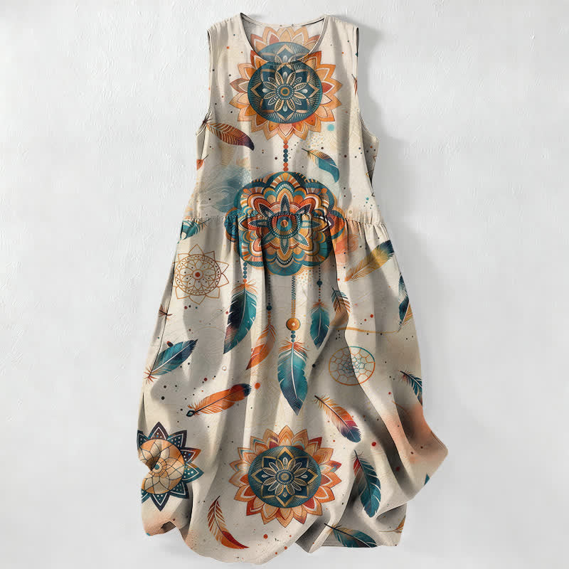Buddha Stones Summer Casual Bohemian Mandala Feather Pattern Women's Summer Sleeveless Midi Dress With Pockets - Gainsboro - US16,UK/AU20,EU48 (3XL) - image 0