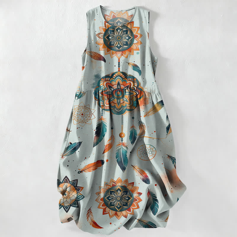 Buddha Stones Summer Casual Bohemian Mandala Feather Pattern Women's Summer Sleeveless Midi Dress With Pockets - SkyBlue - US16,UK/AU20,EU48 (3XL) - image 4
