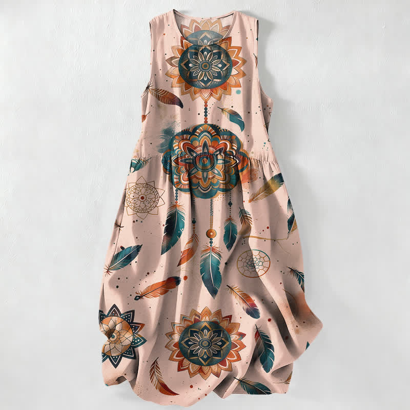 Buddha Stones Summer Casual Bohemian Mandala Feather Pattern Women's Summer Sleeveless Midi Dress With Pockets - Pink - US16,UK/AU20,EU48 (3XL) - image 5
