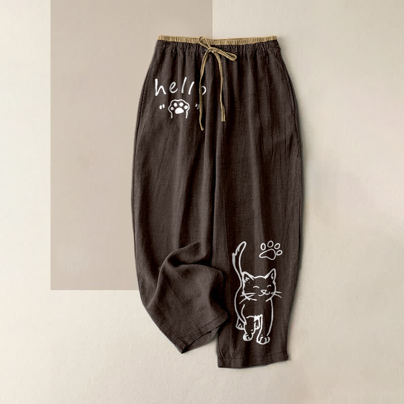 Buddha Stones Pure Cotton Hello Cat Paw Pattern Women's Elastic Waist Pants With Pockets - SaddleBrown - US16,UK/AU20,EU48 (3XL) - image 5
