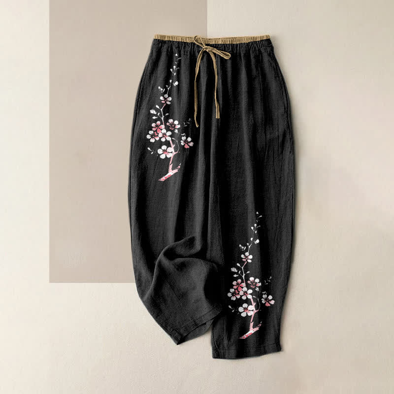 Buddha Stones Pure Cotton Oriental Blossom Branch Pattern Women's Elastic Waist Pants With Pockets - Black - US16,UK/AU20,EU48 (3XL) - image 4