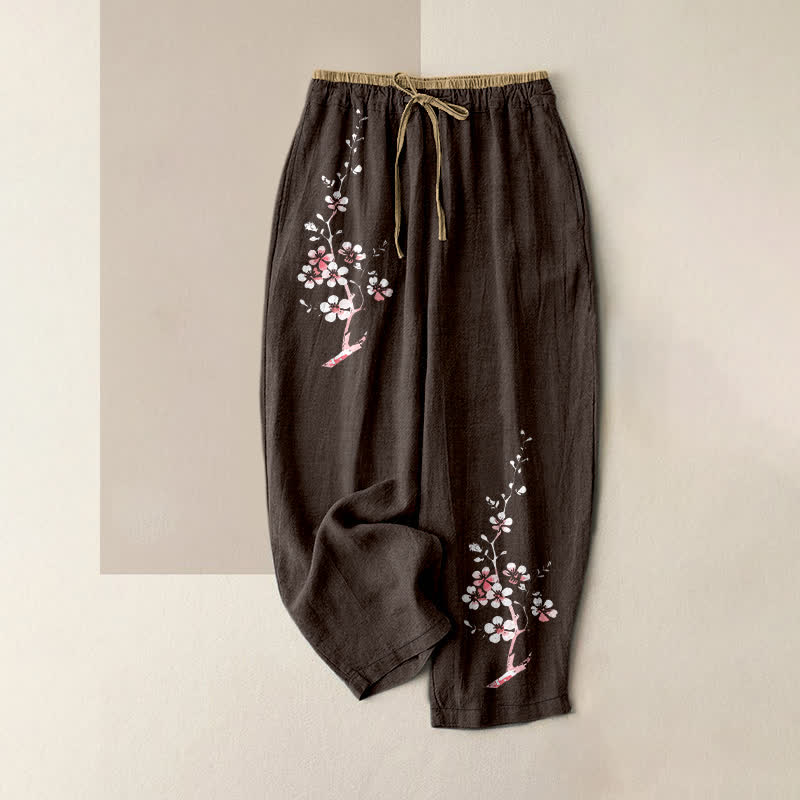 Buddha Stones Pure Cotton Oriental Blossom Branch Pattern Women's Elastic Waist Pants With Pockets - SaddleBrown - US16,UK/AU20,EU48 (3XL) - image 0