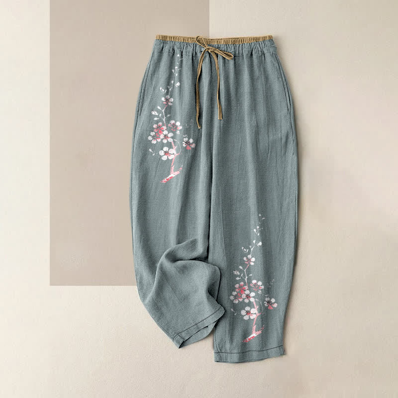 Buddha Stones Pure Cotton Oriental Blossom Branch Pattern Women's Elastic Waist Pants With Pockets - CadetBlue - US16,UK/AU20,EU48 (3XL) - image 5