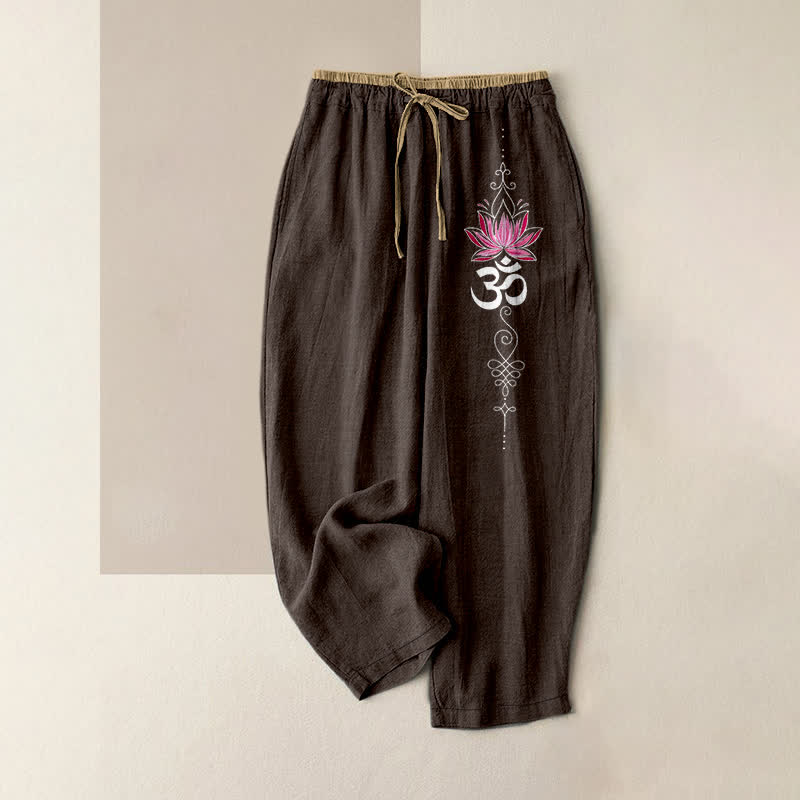 Buddha Stones Pure Cotton Zen Lotus Om Pattern Women's Elastic Waist Pants With Pockets - SaddleBrown - US16,UK/AU20,EU48 (3XL) - image 4