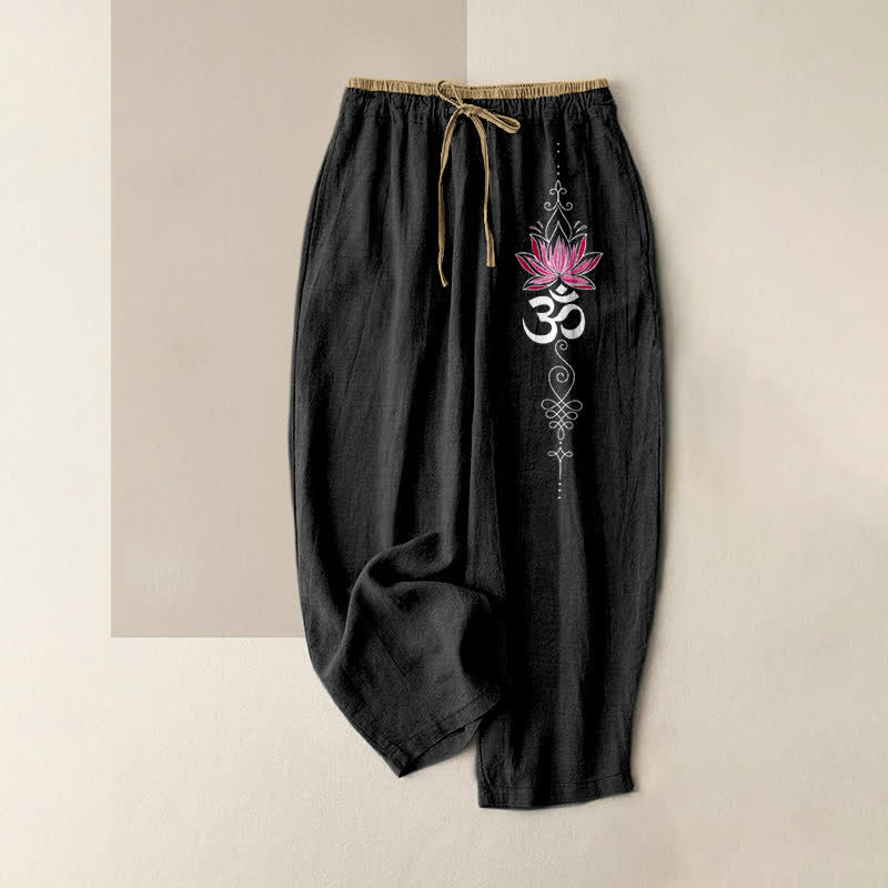 Buddha Stones Pure Cotton Zen Lotus Om Pattern Women's Elastic Waist Pants With Pockets - Black - US16,UK/AU20,EU48 (3XL) - image 0