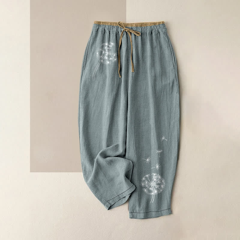 Buddha Stones Pure Cotton White Dandelion Pattern Women's Elastic Waist Pants With Pockets - CadetBlue - US16,UK/AU20,EU48 (3XL) - image 4