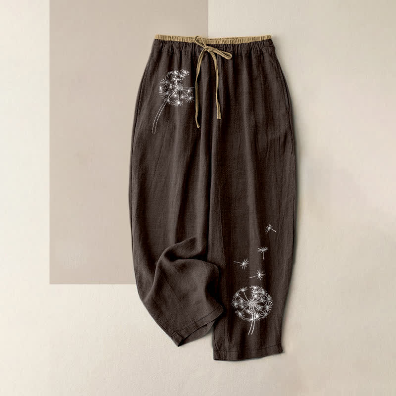Buddha Stones Pure Cotton White Dandelion Pattern Women's Elastic Waist Pants With Pockets - SaddleBrown - US16,UK/AU20,EU48 (3XL) - image 5