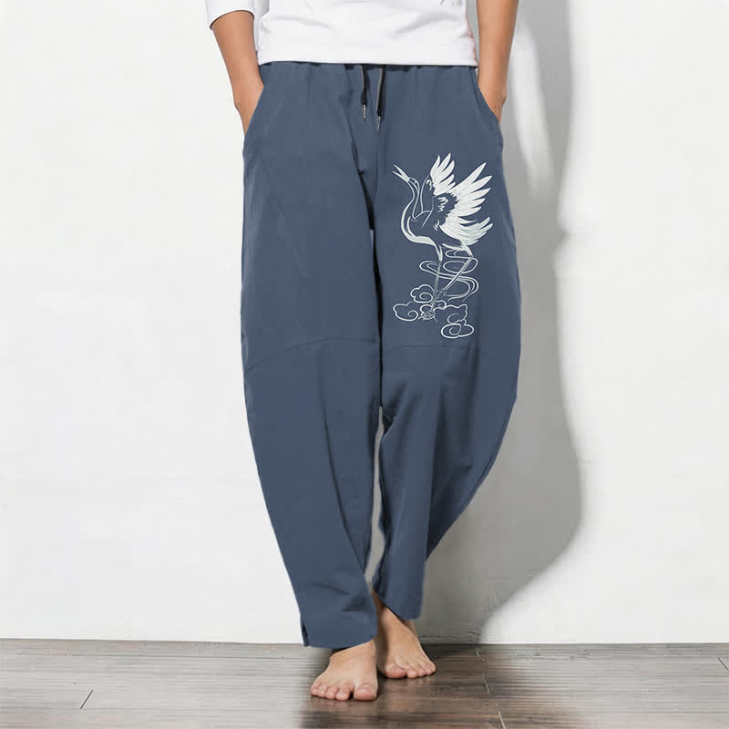 Buddha Stones Pure Cotton White Crane Pattern Drawstring Men's Tapered Pants With Pockets - SteelBlue - US/UK/AU50,EU60 (5XL) - image 0