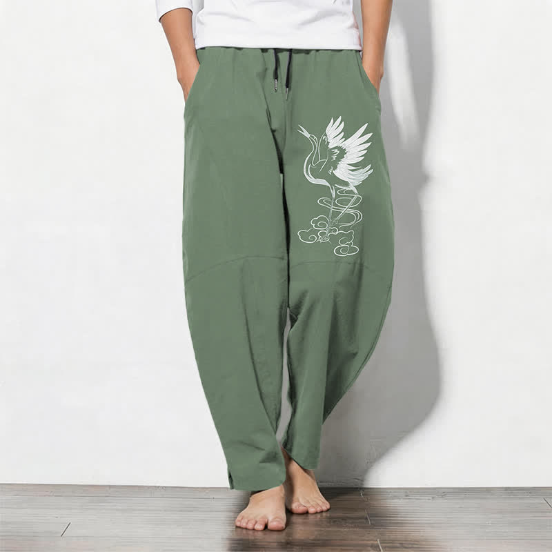 Buddha Stones Pure Cotton White Crane Pattern Drawstring Men's Tapered Pants With Pockets - DarkSeaGreen - US/UK/AU50,EU60 (5XL) - image 7