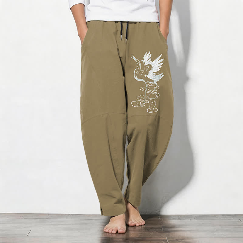 Buddha Stones Pure Cotton White Crane Pattern Drawstring Men's Tapered Pants With Pockets - DarkKhaki - US/UK/AU50,EU60 (5XL) - image 14
