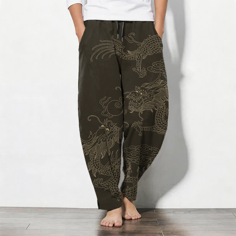 Buddha Stones Pure Cotton Golden Dragon Cloud Pattern Drawstring Men's Tapered Pants With Pockets - SaddleBrown - US/UK/AU50,EU60 (5XL) - image 0