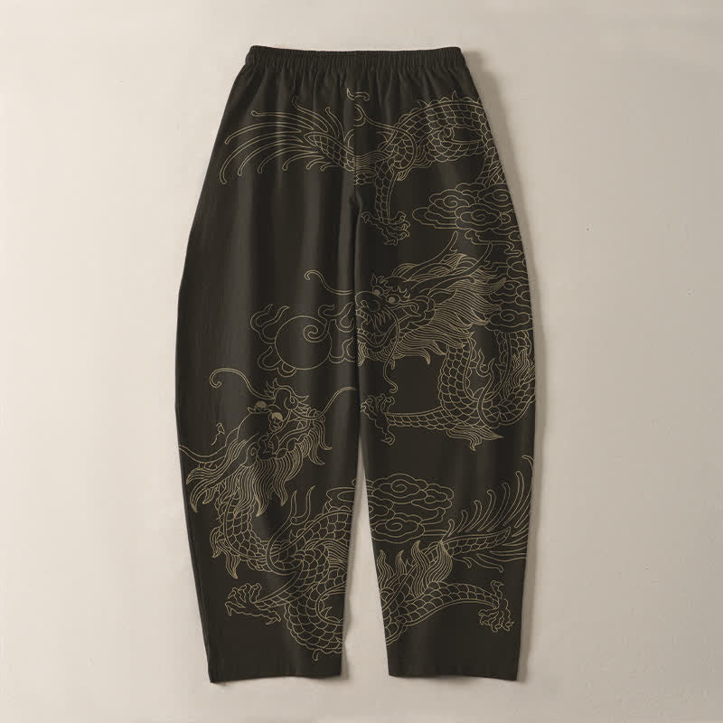 Buddha Stones Pure Cotton Golden Dragon Cloud Pattern Drawstring Men's Tapered Pants With Pockets - Black - US/UK/AU50,EU60 (5XL) - image 3