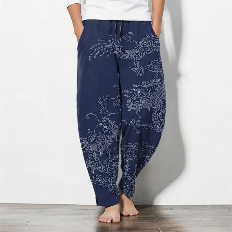Buddha Stones Pure Cotton Golden Dragon Cloud Pattern Drawstring Men's Tapered Pants With Pockets - Navy - US/UK/AU50,EU60 (5XL) - image 14