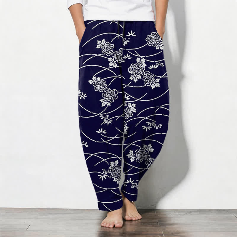 Buddha Stones Pure Cotton White Floral Vine Pattern Drawstring Men's Tapered Pants With Pockets - Navy - US/UK/AU50,EU60 (5XL) - image 0
