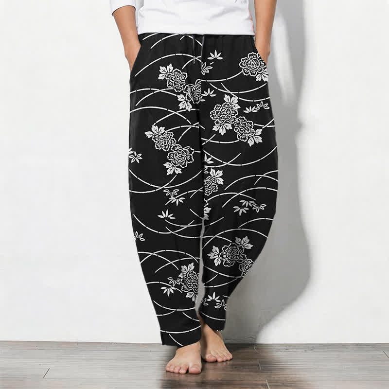 Buddha Stones Pure Cotton White Floral Vine Pattern Drawstring Men's Tapered Pants With Pockets - Black - US/UK/AU50,EU60 (5XL) - image 7