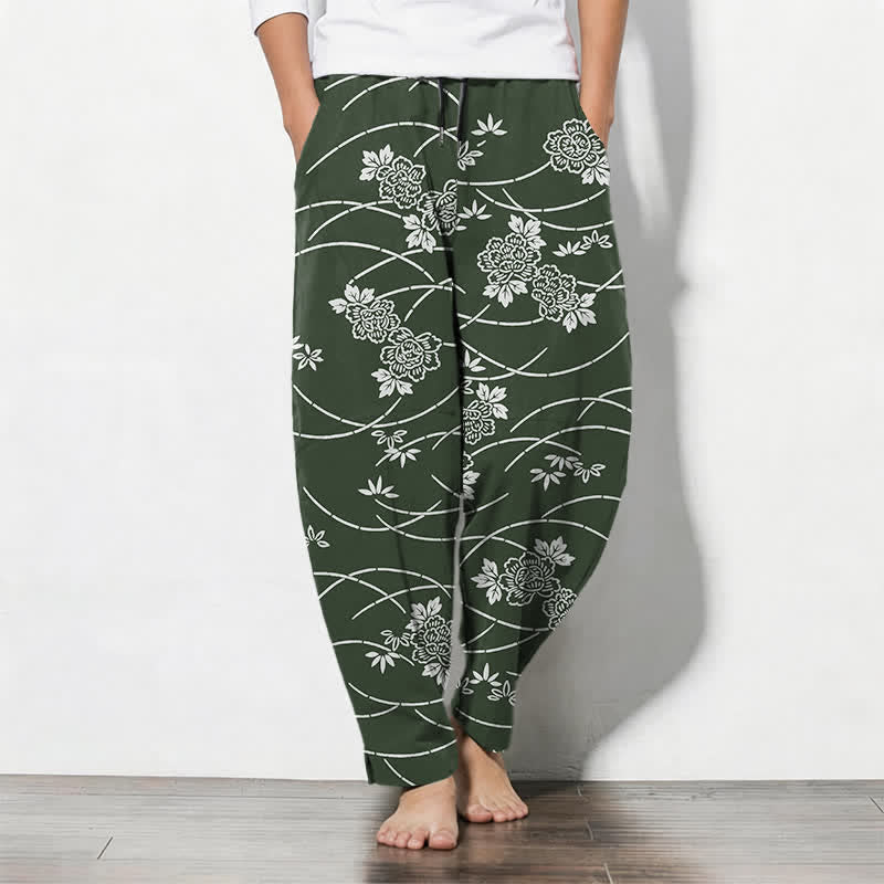 Buddha Stones Pure Cotton White Floral Vine Pattern Drawstring Men's Tapered Pants With Pockets - ForestGreen - US/UK/AU50,EU60 (5XL) - image 11