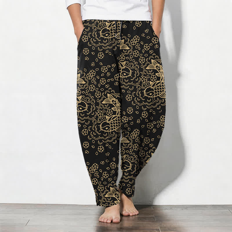 Buddha Stones Pure Cotton Golden Koi Fish Floral Pattern Drawstring Men's Tapered Pants With Pockets - Black - US/UK/AU50,EU60 (5XL) - image 0