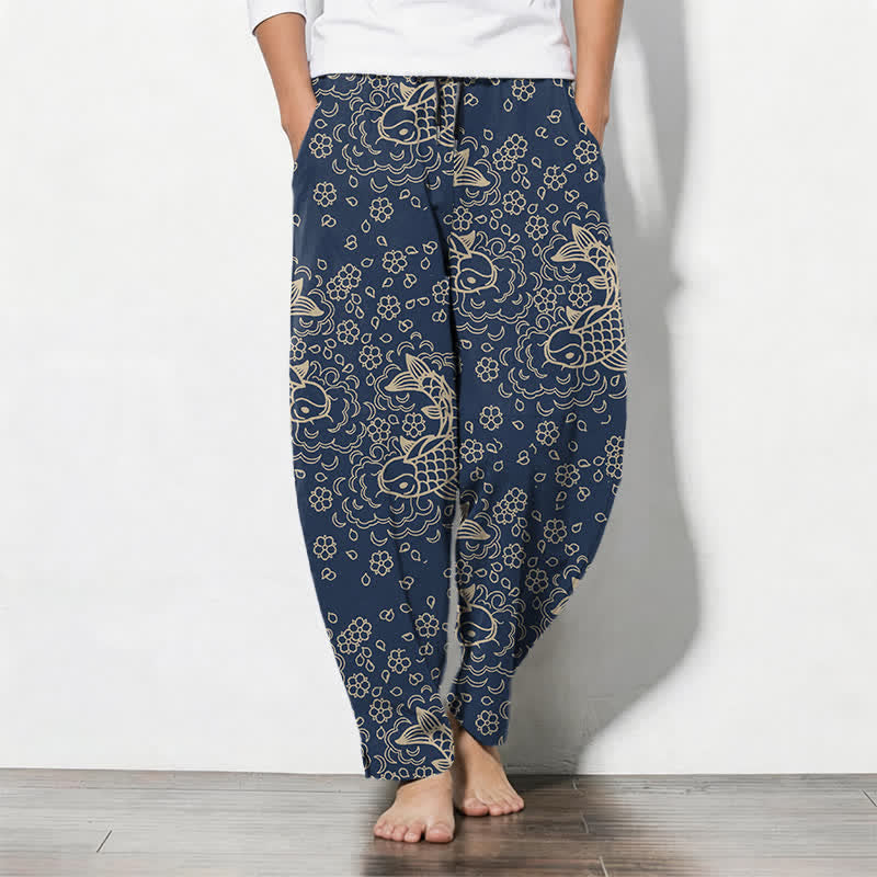 Buddha Stones Pure Cotton Golden Koi Fish Floral Pattern Drawstring Men's Tapered Pants With Pockets - Navy - US/UK/AU50,EU60 (5XL) - image 7