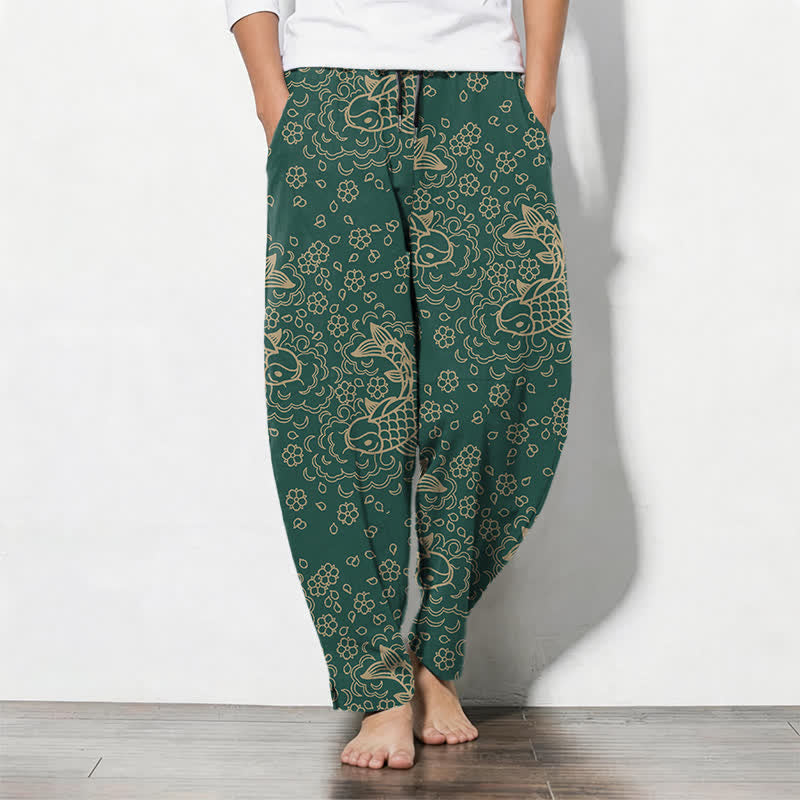 Buddha Stones Pure Cotton Golden Koi Fish Floral Pattern Drawstring Men's Tapered Pants With Pockets - DarkGreen - US/UK/AU50,EU60 (5XL) - image 11