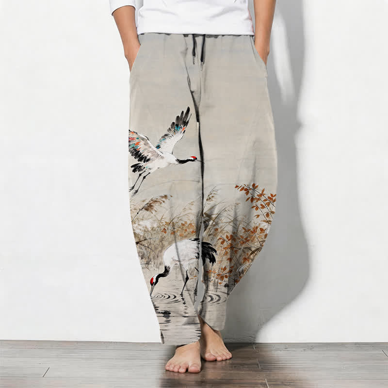 Buddha Stones Pure Cotton Ink Wash Crane Reeds Pattern Drawstring Men's Tapered Pants With Pockets - Beige - US/UK/AU50,EU60 (5XL) - image 0