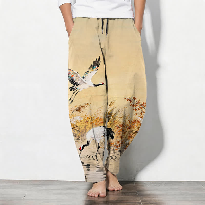 Buddha Stones Pure Cotton Ink Wash Crane Reeds Pattern Drawstring Men's Tapered Pants With Pockets - Wheat - US/UK/AU50,EU60 (5XL) - image 7