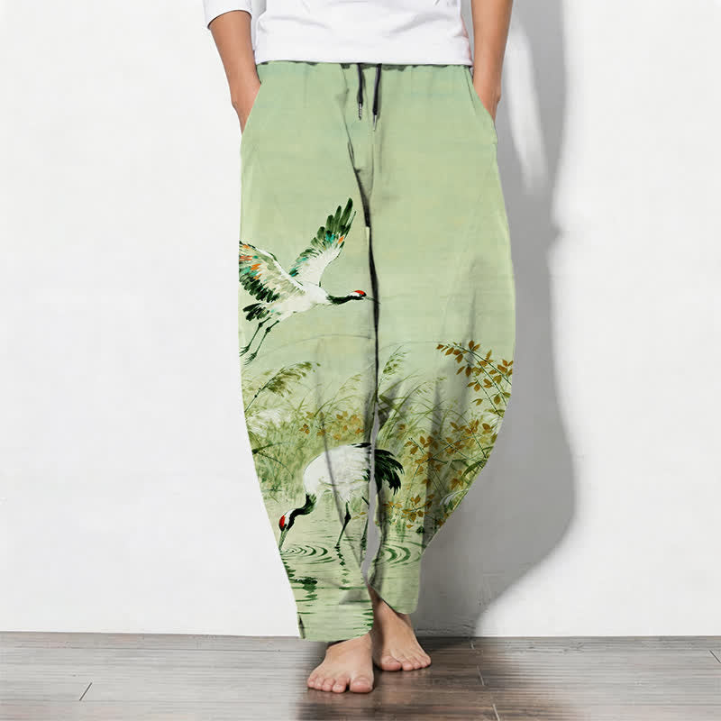 Buddha Stones Pure Cotton Ink Wash Crane Reeds Pattern Drawstring Men's Tapered Pants With Pockets - PaleGreen - US/UK/AU50,EU60 (5XL) - image 14