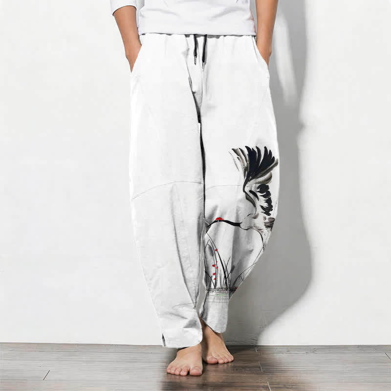 Buddha Stones Pure Cotton Ink Crane Reed Pattern Drawstring Men's Tapered Pants With Pockets - White - US/UK/AU50,EU60 (5XL) - image 0