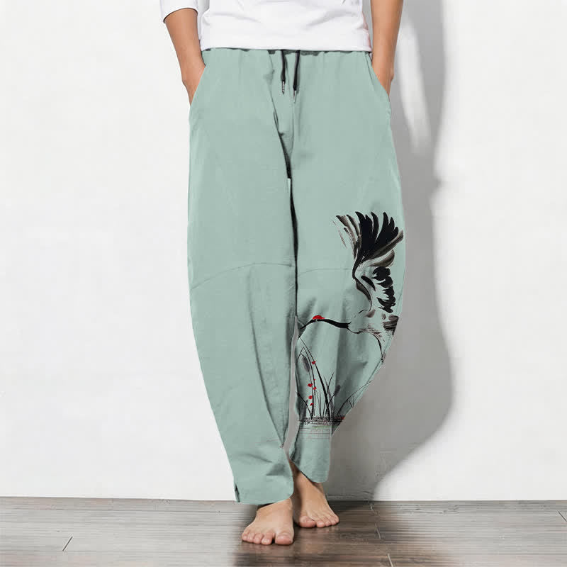 Buddha Stones Pure Cotton Ink Crane Reed Pattern Drawstring Men's Tapered Pants With Pockets - Aquamarine - US/UK/AU50,EU60 (5XL) - image 7