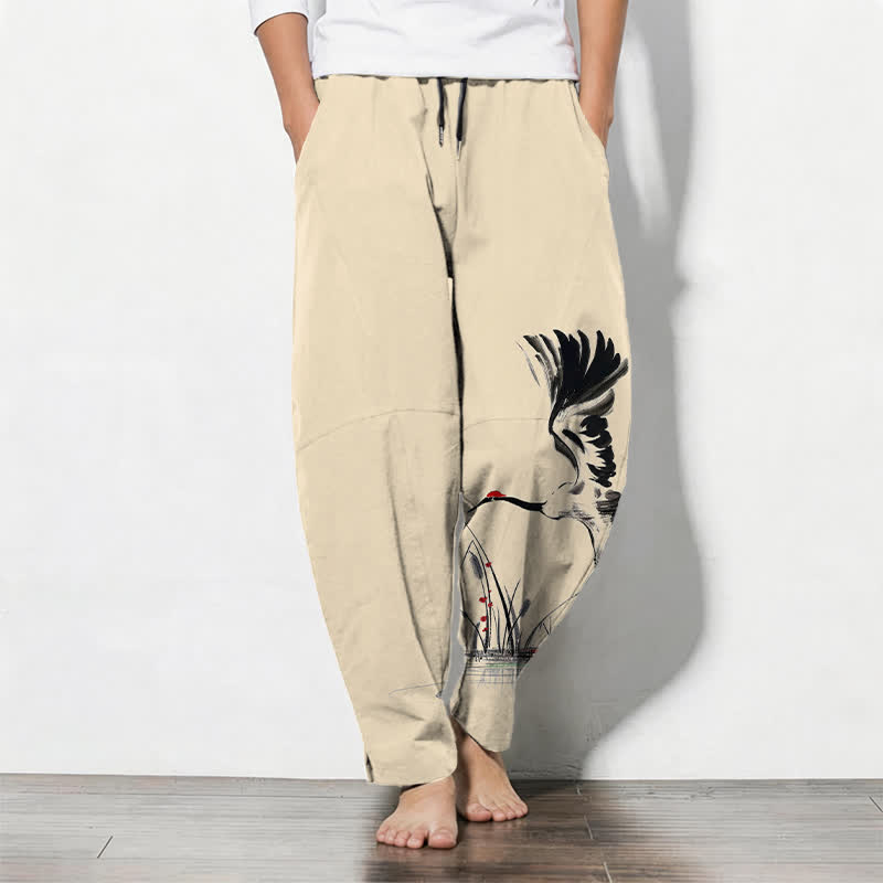 Buddha Stones Pure Cotton Ink Crane Reed Pattern Drawstring Men's Tapered Pants With Pockets - Beige - US/UK/AU50,EU60 (5XL) - image 11