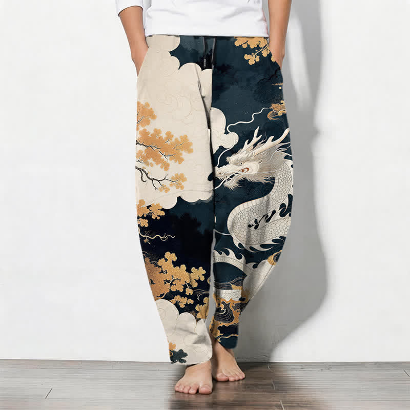 Buddha Stones Pure Cotton Eastern Dragon Cloud Pattern Drawstring Men's Tapered Pants With Pockets - Navy - US/UK/AU50,EU60 (5XL) - image 0