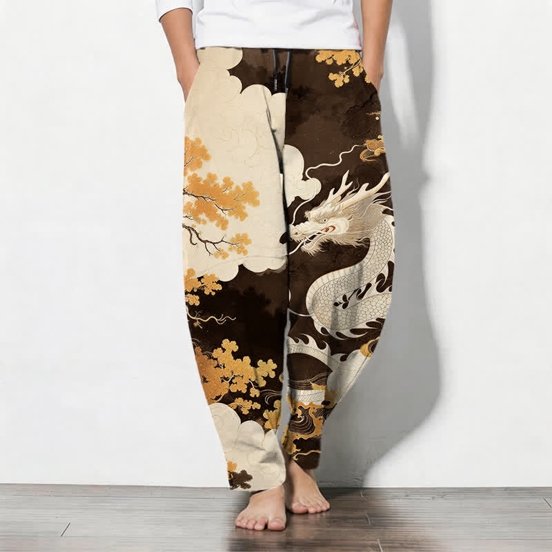 Buddha Stones Pure Cotton Eastern Dragon Cloud Pattern Drawstring Men's Tapered Pants With Pockets - SaddleBrown - US/UK/AU50,EU60 (5XL) - image 7
