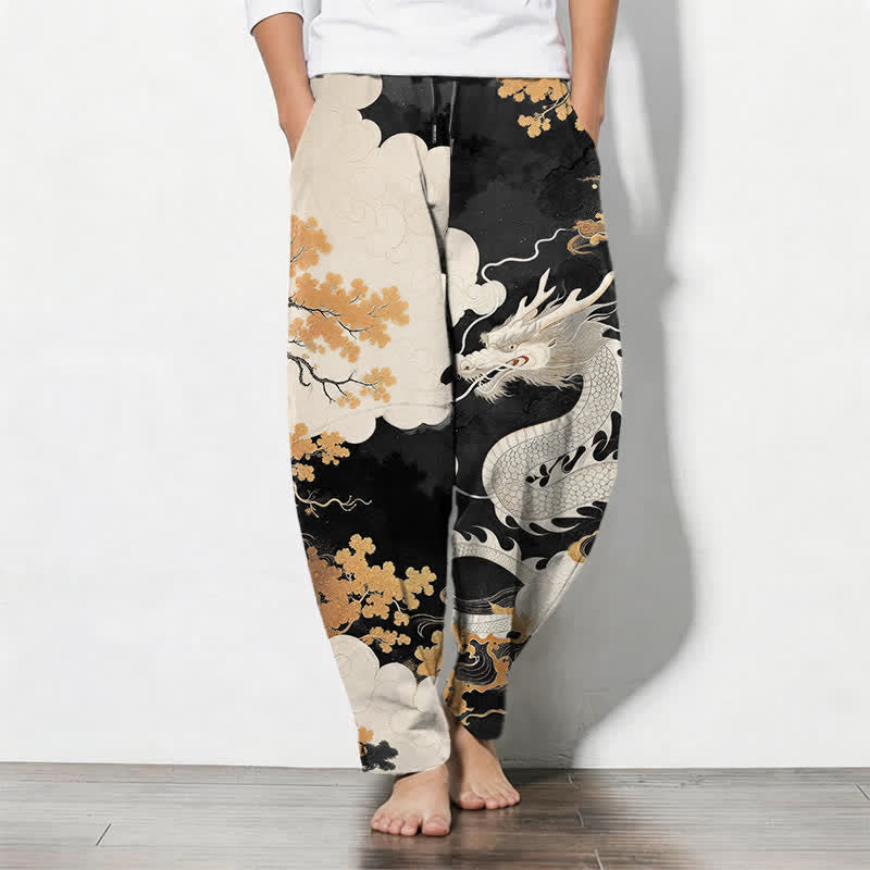 Buddha Stones Pure Cotton Eastern Dragon Cloud Pattern Drawstring Men's Tapered Pants With Pockets - Black - US/UK/AU50,EU60 (5XL) - image 11