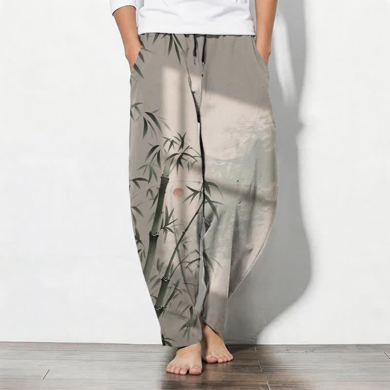Buddha Stones Pure Cotton Ink Bamboo Pattern Drawstring Men's Tapered Pants With Pockets - Tan - US/UK/AU50,EU60 (5XL) - image 0