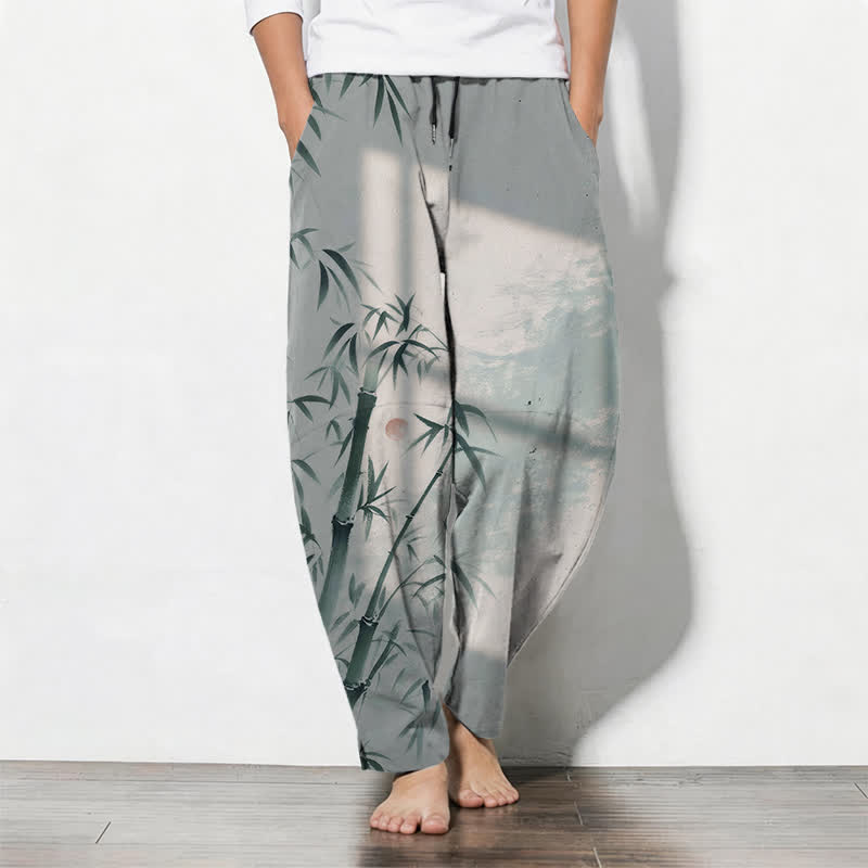 Buddha Stones Pure Cotton Ink Bamboo Pattern Drawstring Men's Tapered Pants With Pockets - LightGrey - US/UK/AU50,EU60 (5XL) - image 7