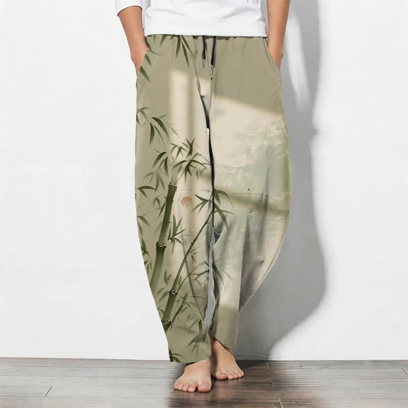 Buddha Stones Pure Cotton Ink Bamboo Pattern Drawstring Men's Tapered Pants With Pockets - DarkKhaki - US/UK/AU50,EU60 (5XL) - image 11