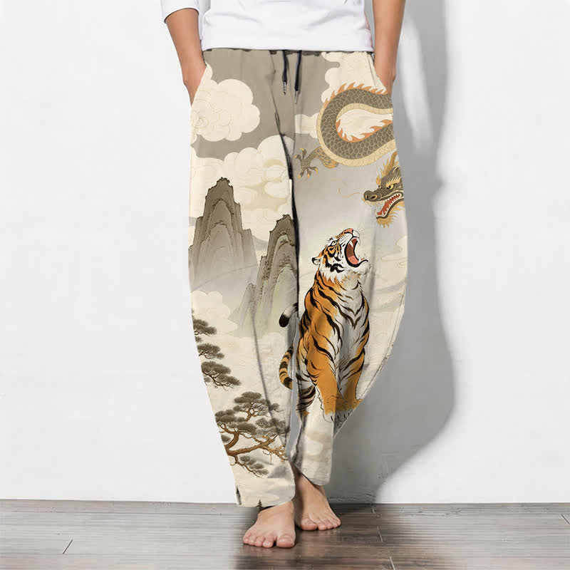Buddha Stones Pure Cotton Tiger Dragon Landscape Pattern Drawstring Men's Tapered Pants With Pockets - Tan - US/UK/AU50,EU60 (5XL) - image 0