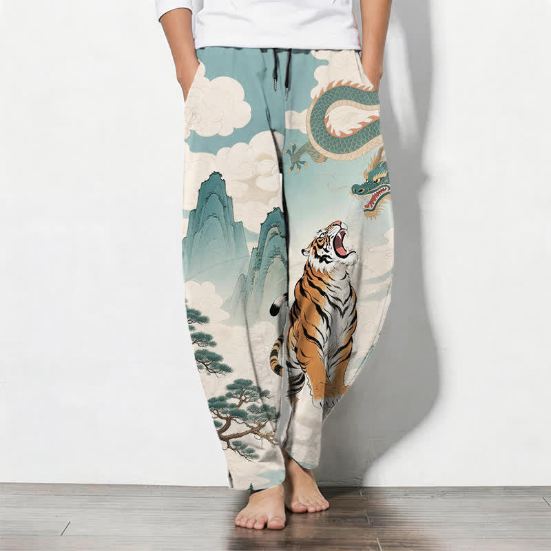 Buddha Stones Pure Cotton Tiger Dragon Landscape Pattern Drawstring Men's Tapered Pants With Pockets - PaleTurquoise - US/UK/AU50,EU60 (5XL) - image 7
